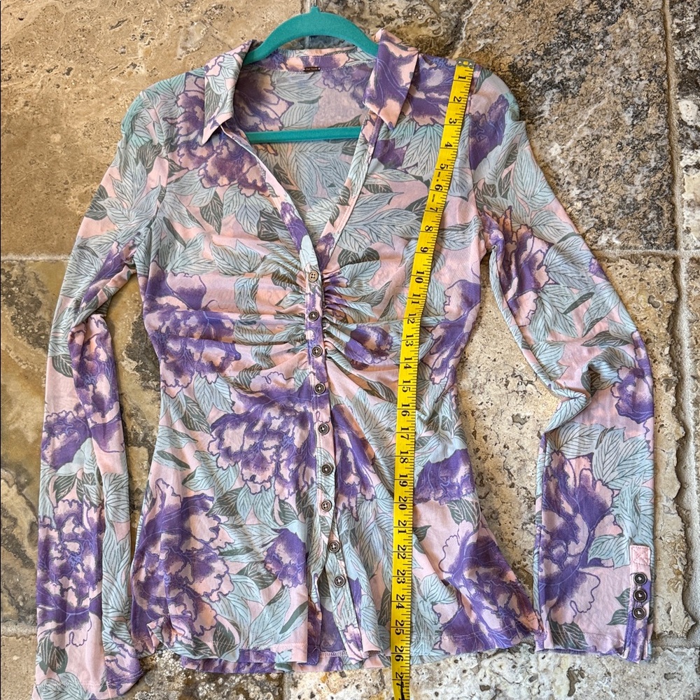 Free People Purple and Green Floral Ruched Blouse - Picture 8 of 8